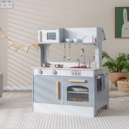 Double Sided Kids Pretend Kitchen Playset with 2-Seat Cafe-Gray W2B