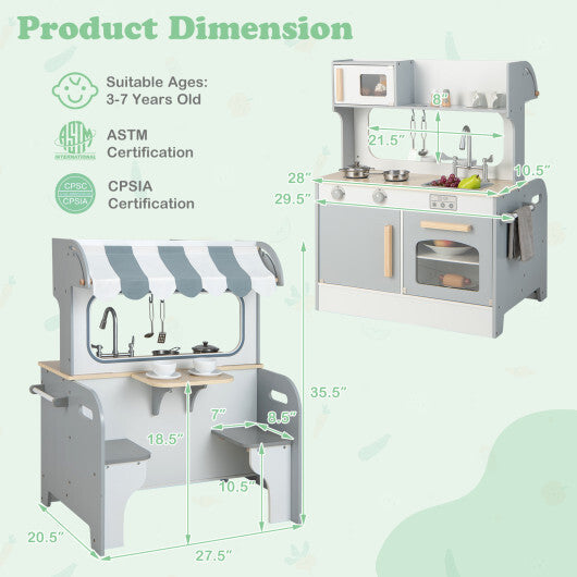 Double Sided Kids Pretend Kitchen Playset with 2-Seat Cafe-Gray W2B