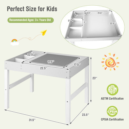 3 in 1 Wooden Kids Table with Storage and Double-Sided Tabletop-White W2B