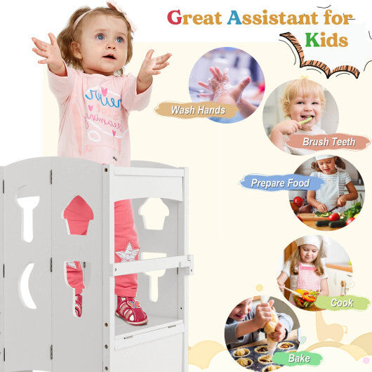 Folding Wooden Step Stool with Lockable Safety Rail for Toddler 3+-White W2B