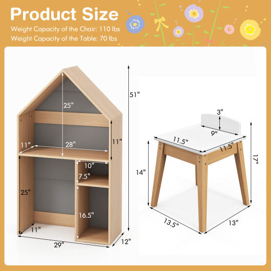 2-in-1 Kids House-Shaped Table and Chair Set-Gray W2B