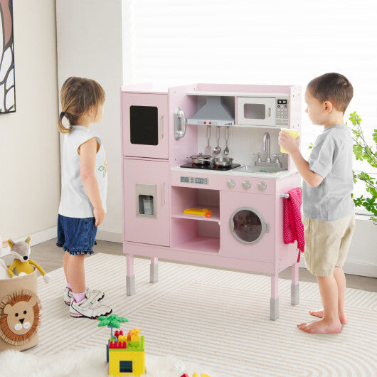 Pretend Play Kitchen for Kids with 16 Pieces Accessories-Pink W2B