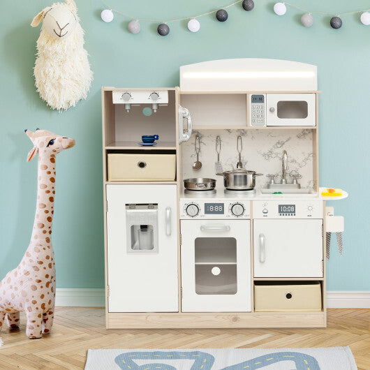 Kids Kitchen Playset with Adjustable LED Lights Removable Fabric Bins-White W2B