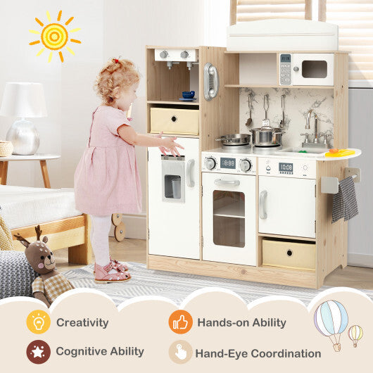 Kids Kitchen Playset with Adjustable LED Lights Removable Fabric Bins-White W2B