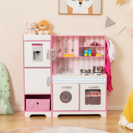 Kids Kitchen Playset Wooden Toy with Adjustable LED Lights and Washing Machine-Pink W2B