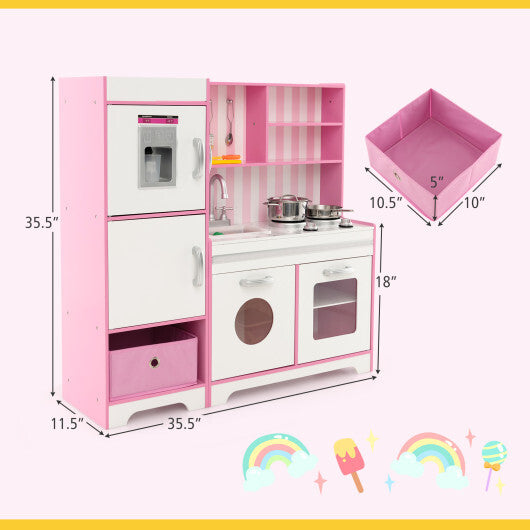 Kids Kitchen Playset Wooden Toy with Adjustable LED Lights and Washing Machine-Pink W2B