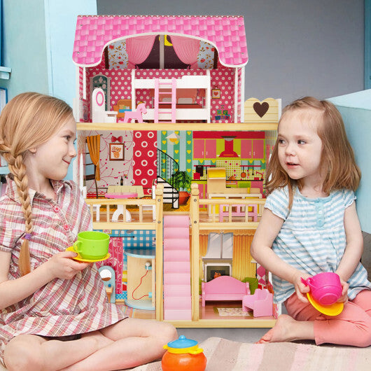 Doll House Playset with 3 Stories and 6 Simulated Rooms and 15 Pieces of Furniture-Pink W2B