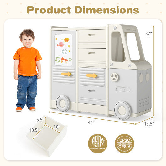 Kids Toy Storage Organizer Bus-shaped Children Cabinet with 4 Pull-out Drawers with Handles-Gray W2B