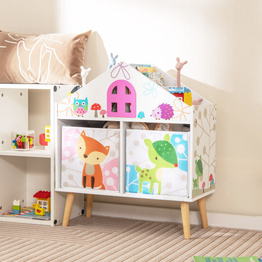 Kids House-shaped Bookshelf with 2 Storage Bins for Kids Room Playroom-White W2B