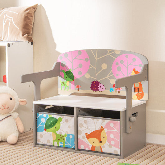 3 in 1 Kids Convertible Activity Bench with 2 Removable Fabric Bins-Gray W2B