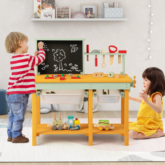 Kids Wooden Toy Workbench with Storage Space and Blackboard