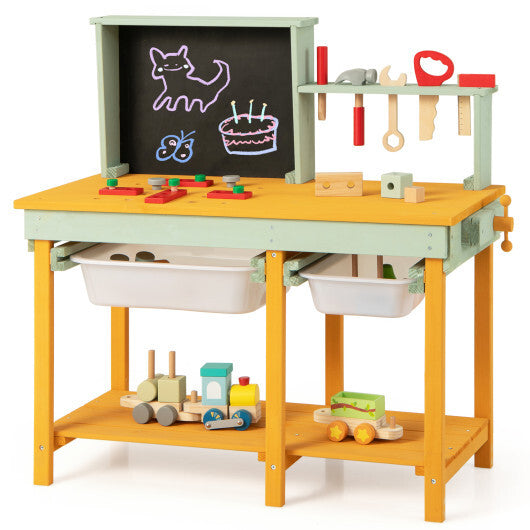 Kids Wooden Toy Workbench with Storage Space and Blackboard