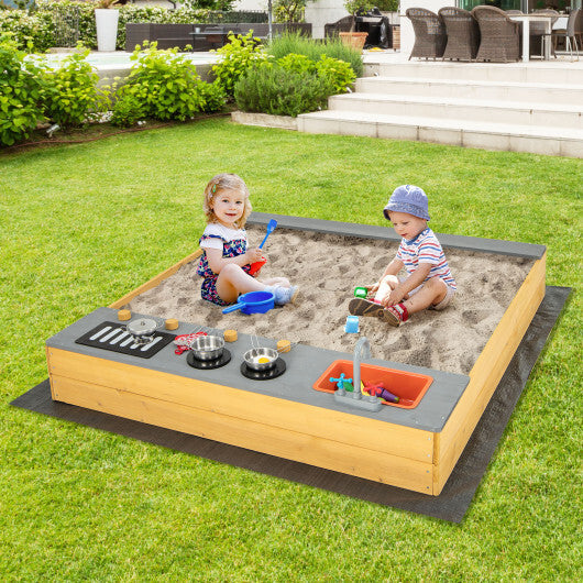 Wooden Sandbox Kids Sand Pit with Kitchen Playset Accessories for 3-8 Years Old W2B