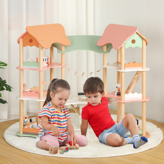 3-Tier Wooden Dollhouse for Kids Aged 3-8 Years Old with 32 Pieces of Accessories-Multicolor W2B