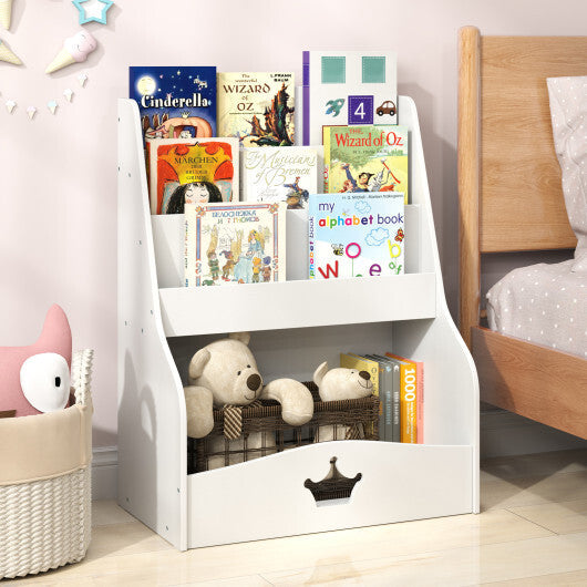 4-Tier Kids Bookshelf with Shelves and Compartment for Toddlers-White W2B