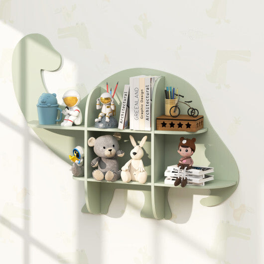 2-Tier Floating Dinosaur Kids Bookshelf for Children-Green W2B