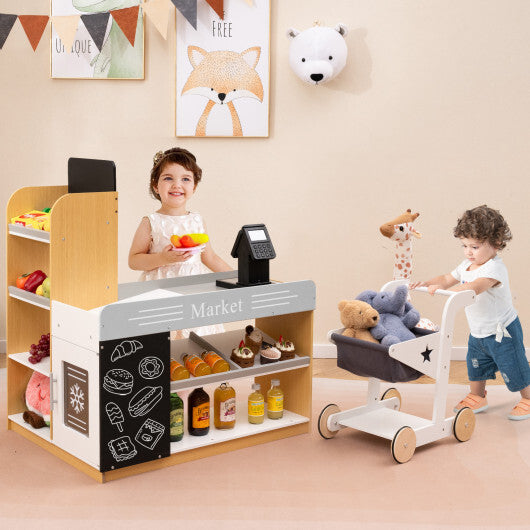 Pretend Play Grocery Store Set with Shopping Cart and 2 Chalkboards-White W2B