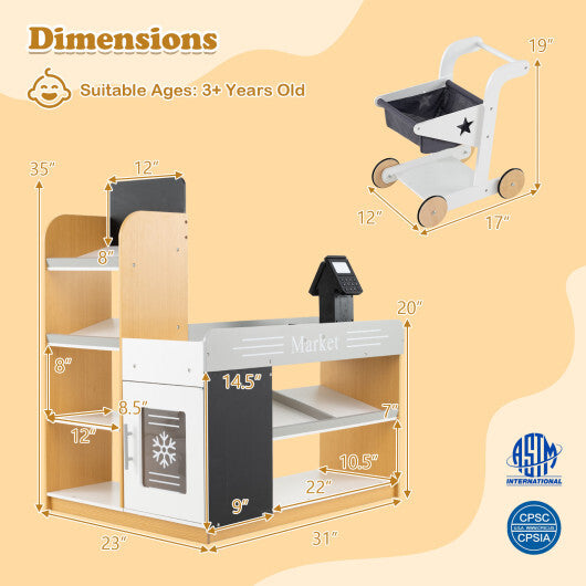 Pretend Play Grocery Store Set with Shopping Cart and 2 Chalkboards-White W2B