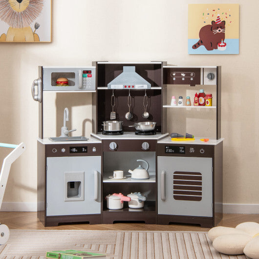 Pretend Play Kitchen Wooden Toy Set with Range Hood Real Sounds and Lights-Brown W2B