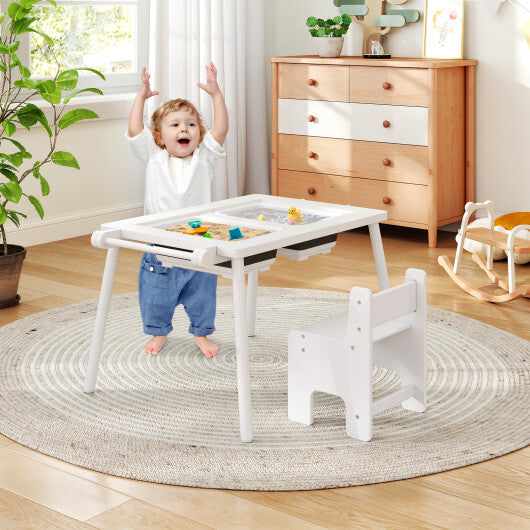 Sensory Table and Chair Set for Kids 2-8 with Foldable Bins-White W2B