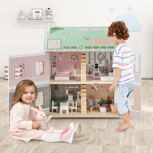 Kids Wooden Dollhouse 3 Level with Double-Sided Roofs and Doors-Pink W2B