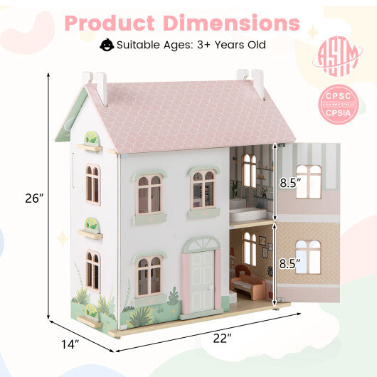 Kids Wooden Dollhouse 3 Level with Double-Sided Roofs and Doors-Pink W2B