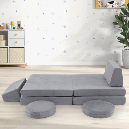 6 Pieces Modular Kids Play Couch Set with Washable Covers for Living Room Playroom-Gray W2B