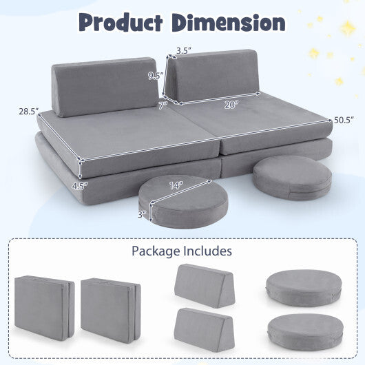 6 Pieces Modular Kids Play Couch Set with Washable Covers for Living Room Playroom-Gray W2B