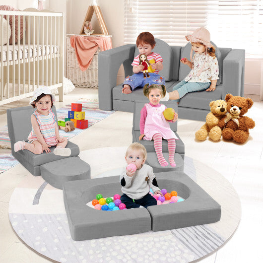 8-Piece Modular Kids Play Couch with Comfy Suede Fabric-Gray W2B
