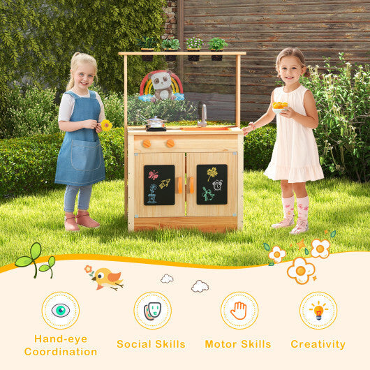 Kids Mud Kitchen Fir Wood Playset with Planting Pots and Blackboards-Natural W2B