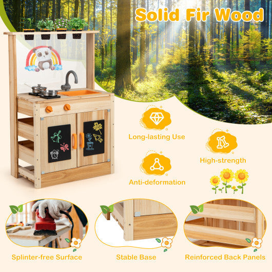 Kids Mud Kitchen Fir Wood Playset with Planting Pots and Blackboards-Natural W2B