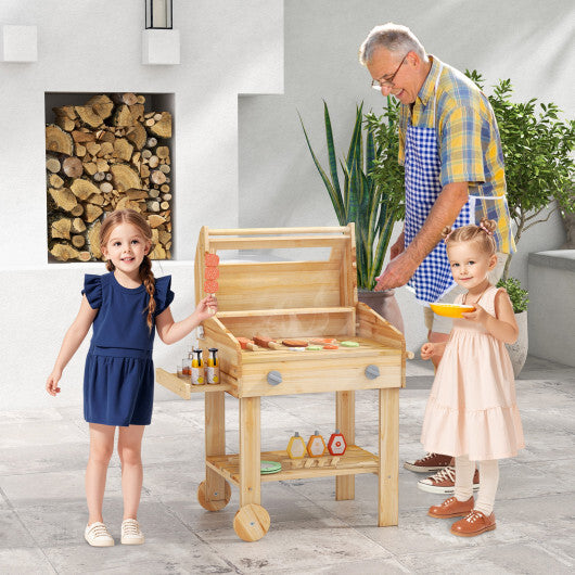 Kids Wooden Barbecue Grill Playset Pretend Kitchen with Food and Wheels-Natural W2B