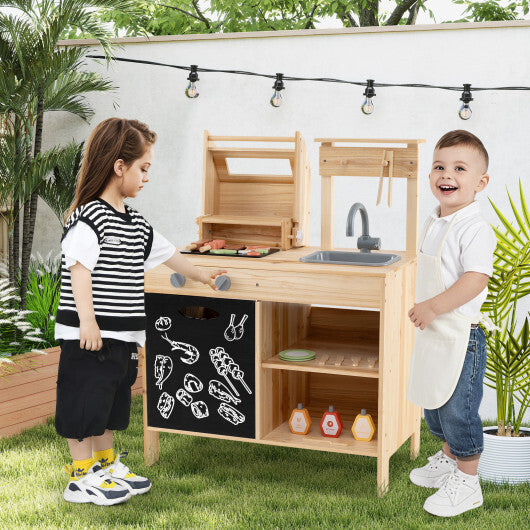 Wooden Barbecue Grill Playset with Chalkboard and Sink and Cabinet-Natural W2B