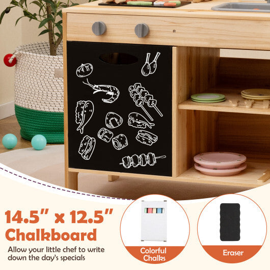 Wooden Barbecue Grill Playset with Chalkboard and Sink and Cabinet-Natural W2B