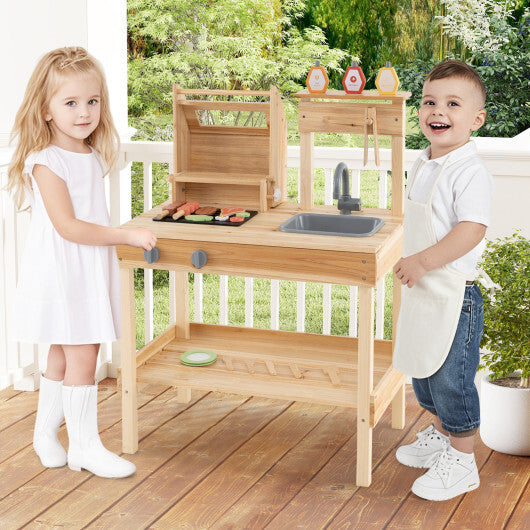 Wooden Barbecue Grill Playset with Play Food and Open Shelves-Natural W2B