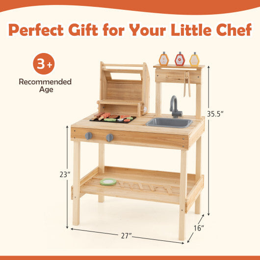 Wooden Barbecue Grill Playset with Play Food and Open Shelves-Natural W2B