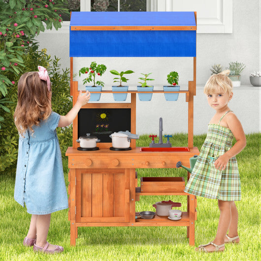 Wooden Pretend Play Kitchen with Height Adjustable Canopy for Kids-Natural