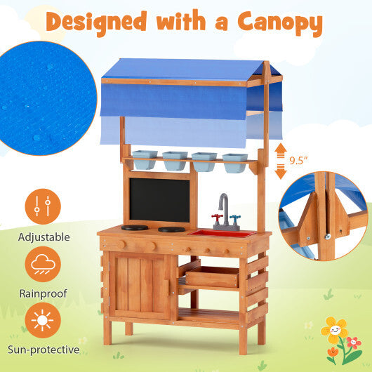 Wooden Pretend Play Kitchen with Height Adjustable Canopy for Kids-Natural