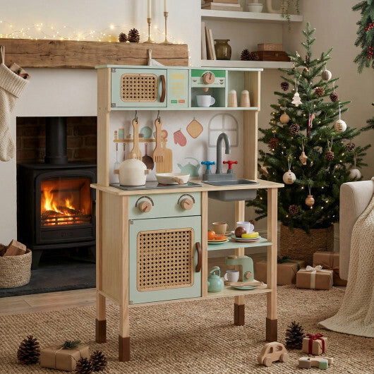 Wooden Play Kitchen for Kids with Lights and Sounds Retro Style With Accessories-Green W2B