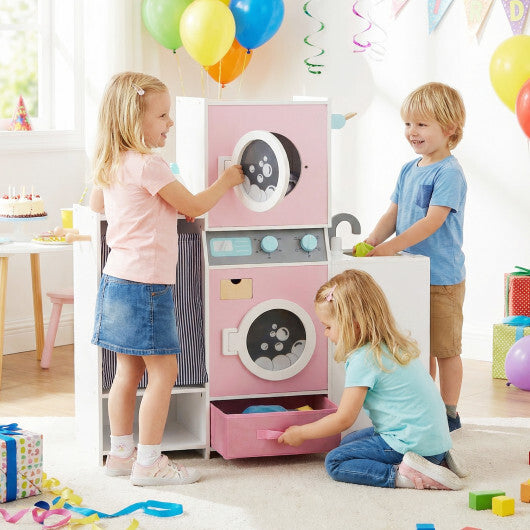 Wooden Kids Laundry Playset with Laundry Detergent Bottle and Clothes Hangers-Pink W2B