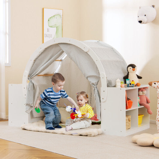 Wooden Kids Play Tent with Curtain Shades and 8 Cubbies-White W2B