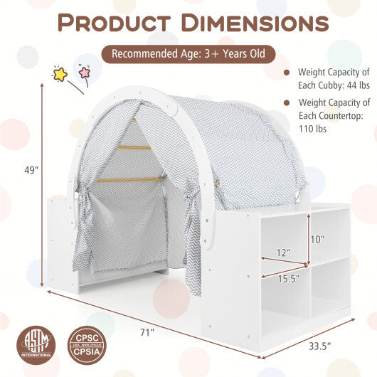 Wooden Kids Play Tent with Curtain Shades and 8 Cubbies-White W2B