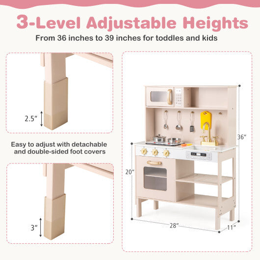 Play Kitchen Height Adjustable with Microwave and Lights and Sounds-Pink W2B