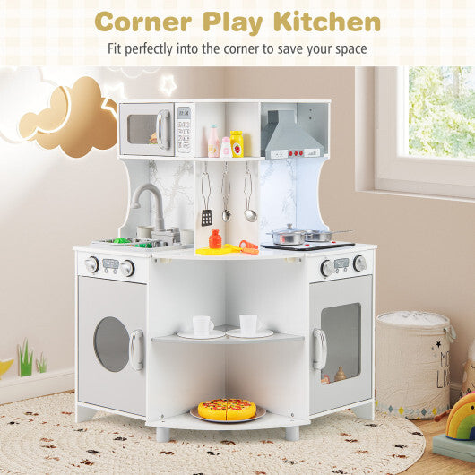 Kids Corner Wooden Play Kitchen with Range Hood and Stoves-Gray