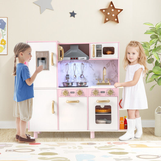 Wooden Kitchen Playset with Ice Maker and Sounds for Ages 3+-Pink W2B