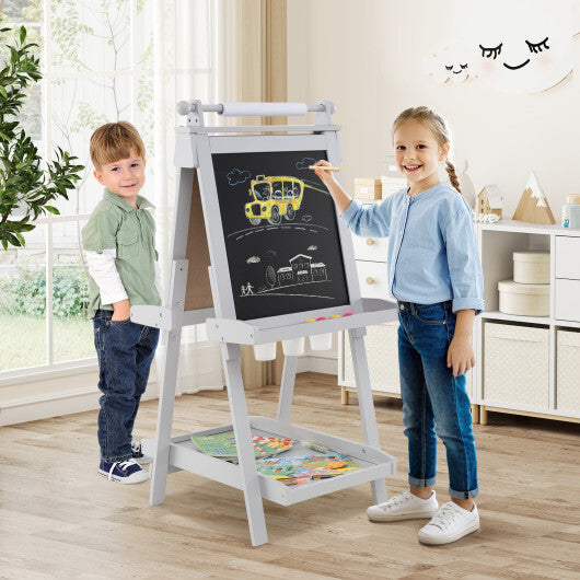 3-in-1 Double-sided Art Easel with Chalkboard and Magnetic Whiteboard-Gray W2B
