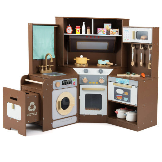 Corner Kitchen Toys with Lights and Sounds with Pull-out Trash Can and Stoves-Off White W2B