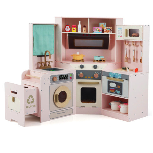 Corner Kitchen Toys with Lights and Sounds with Pull-out Trash Can and Stoves-Off White W2B