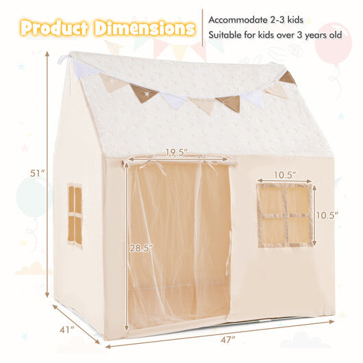 Kids Play Tent Large Playhouse with Glow in the Dark Stars and Mat-Beige