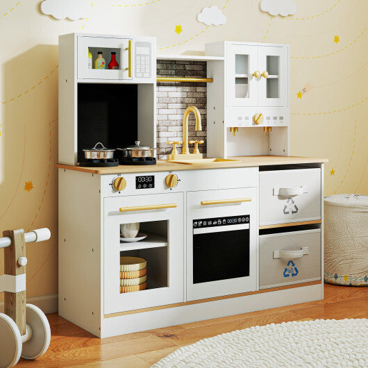 Kids Wooden Kitchen Playset with Stoves Sound Light for 3+ Years Old-White W2B